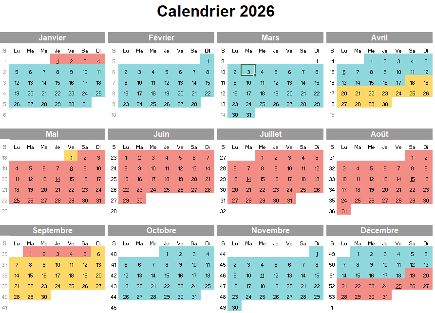Calendrier 2026 saisons